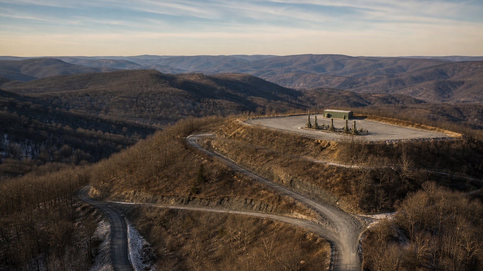 Aerial of a flattened-ridgetop EQT Marcellus pad with three wellhead trees and a compressor building, switchback access road descending into leafless winter hollows, layered blue-gray Appalachian ridges fading into haze, Greene County, Pennsylvania.