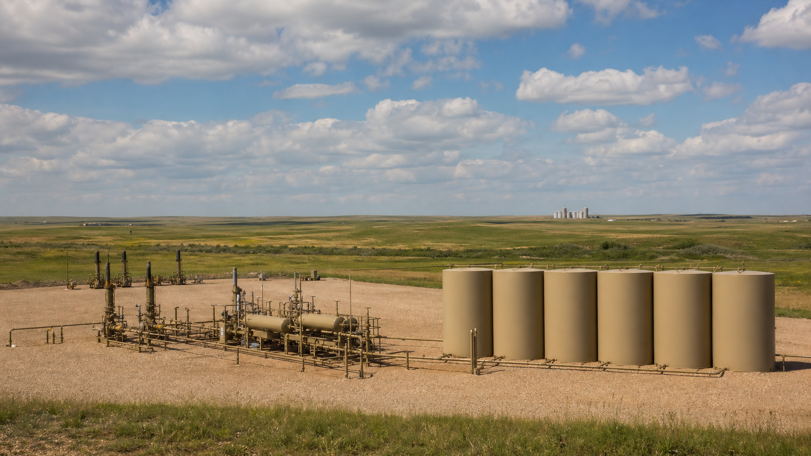Modern multi-well Bakken horizontal pad in mid-summer — wellheads, separator skids, and a row of tan storage tanks on a clean gravel pad, grain elevators on the far prairie horizon, Williams County, North Dakota.