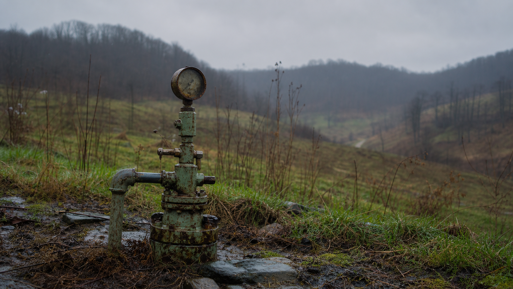 Old conventional shallow-gas wellhead with chipped pale-green paint and a rusted pressure gauge on a drizzle-soaked Appalachian hillside, Fayette County, Pennsylvania.