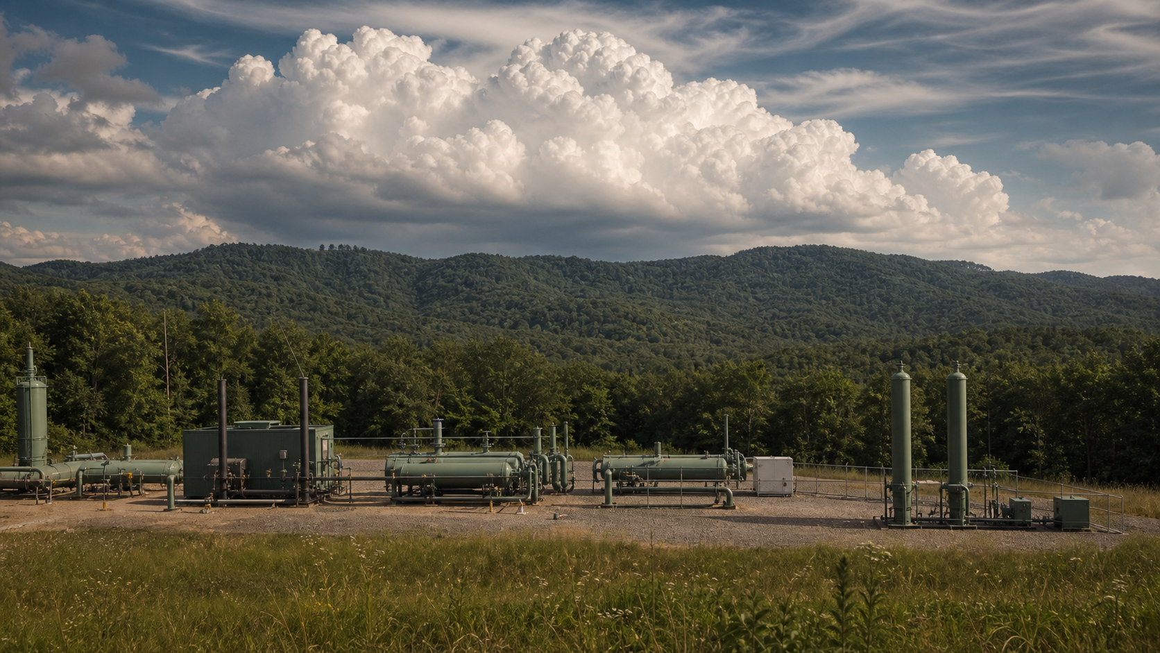 Green-painted natural-gas compressor station and separator skids in a forest clearing, deep green Appalachian ridges and a building summer thunderhead beyond, Doddridge County, West Virginia.