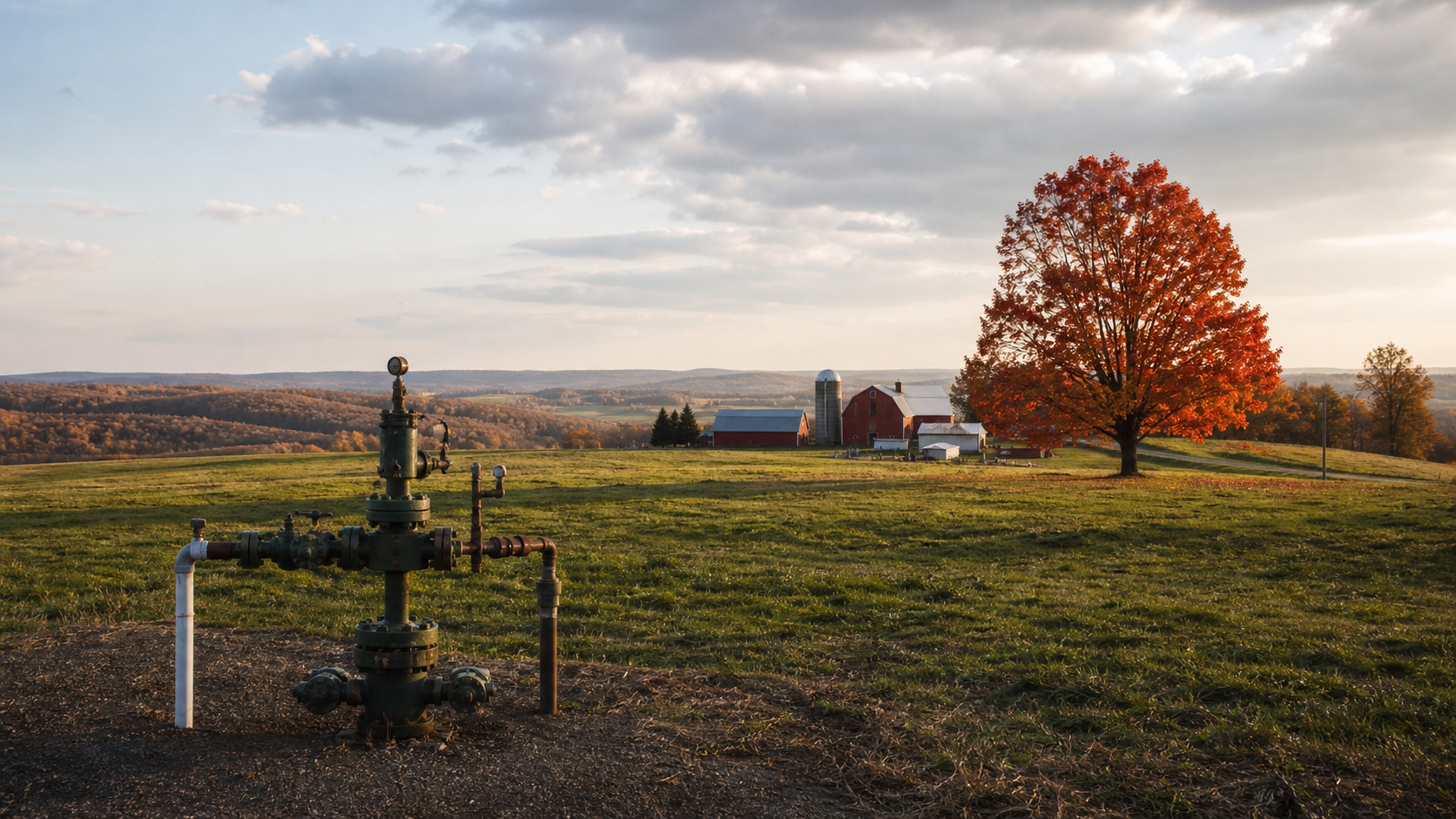Green natural-gas wellhead at the corner of a Pennsylvania dairy field, red barn and silo and crimson sugar maple in autumn light, Bradford County.