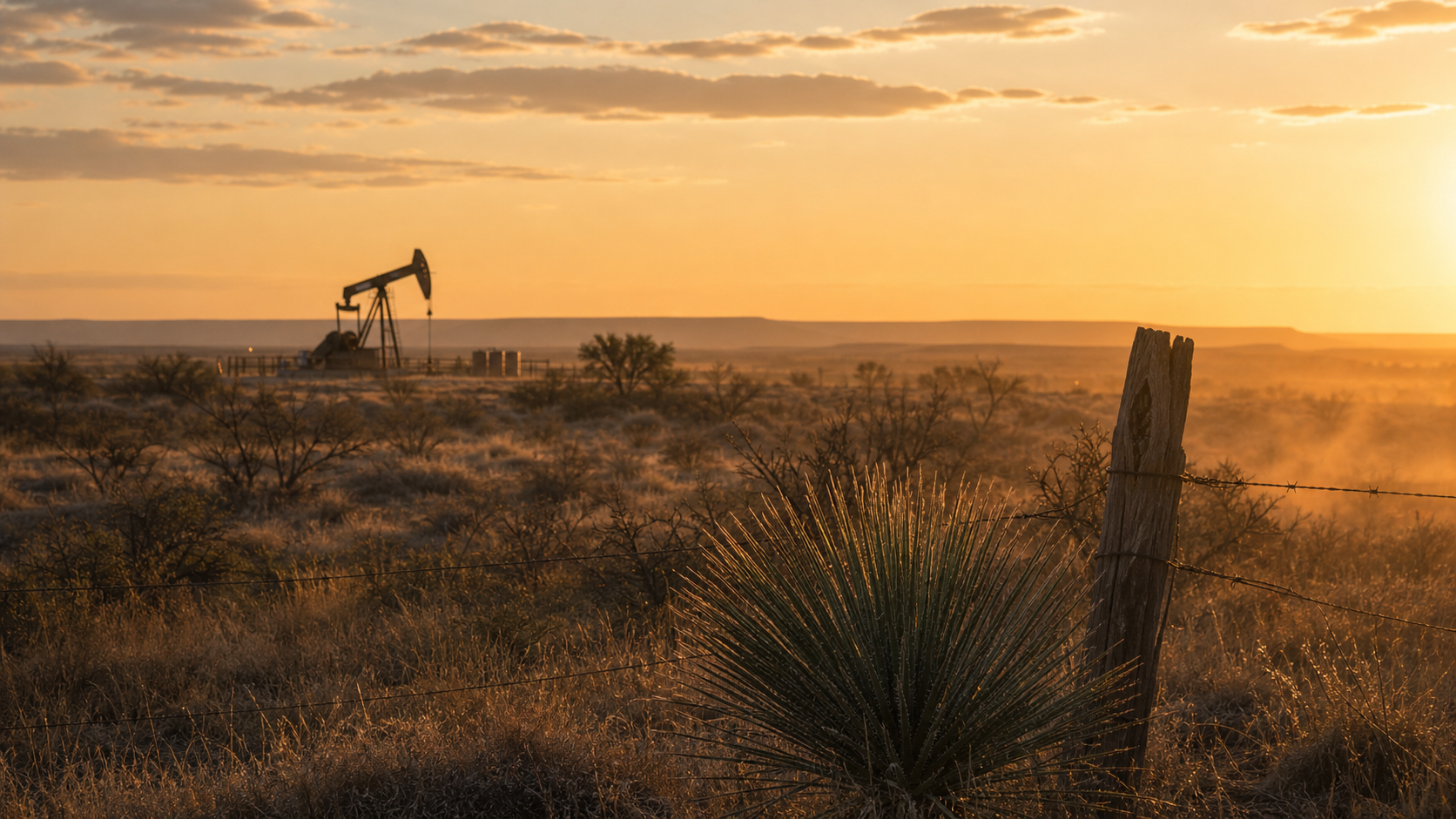 West Texas Permian pumpjack silhouette at golden hour with yucca, mesquite, and a weathered ranch fence post in the foreground.