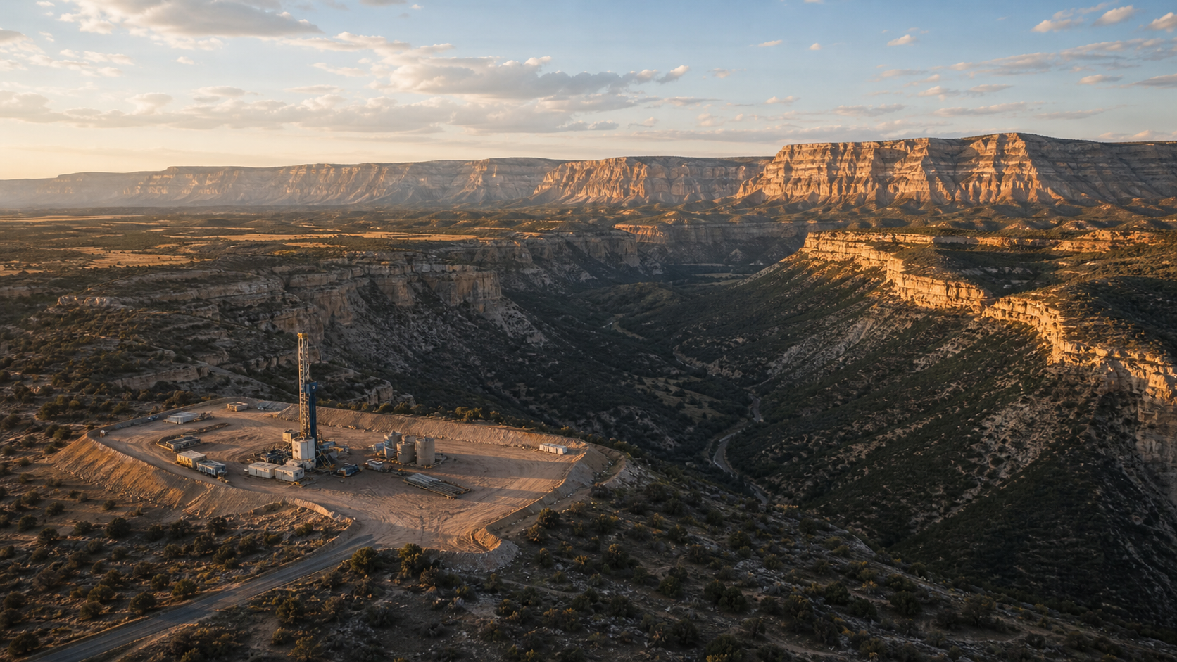 Aerial of a gravel well pad on a sandstone bench above a deep canyon in Colorado's Piceance Basin, Book Cliffs glowing in late afternoon light.