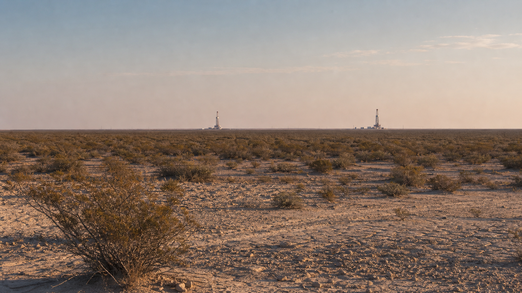 Undisturbed West Texas creosote and cracked caliche in the foreground, two distant drilling rigs on the Permian horizon.