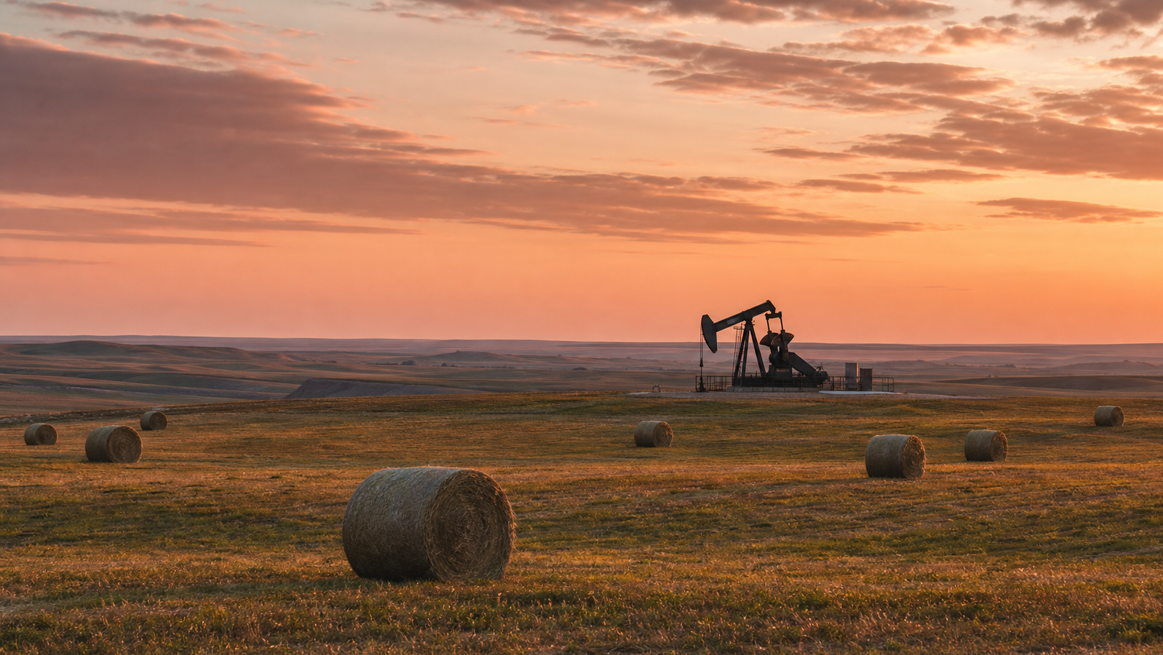 Lone pumpjack mid-stroke on the Williston Basin prairie at dawn, hay bales scattered across the foreground, North Dakota.