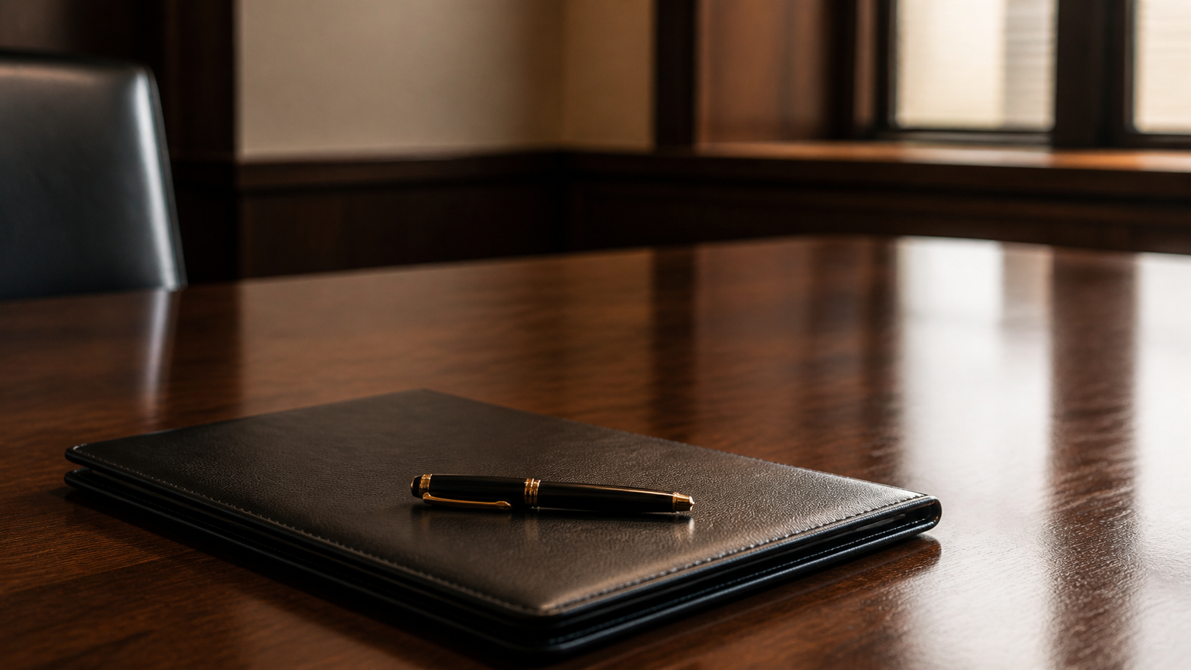 Black leather portfolio with a capped fountain pen on a polished walnut conference table — institutional deal close.