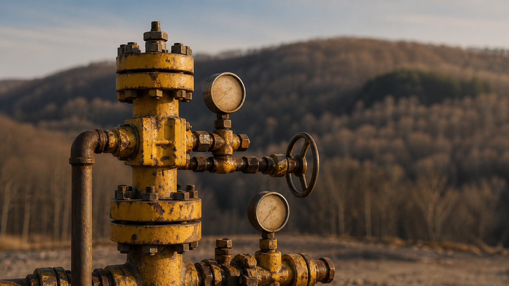 Close-up of a yellow natural-gas wellhead Christmas tree with pressure gauges, set against a blurred Appalachian hillside.