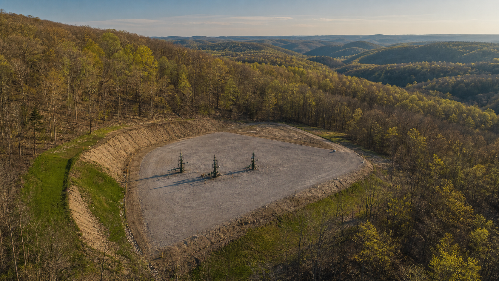 Aerial view of a Pennsylvania Marcellus well pad in early spring, three natural-gas wellhead trees on gravel cut into an Appalachian hillside.