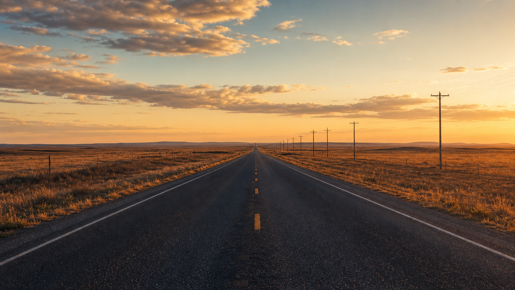 Two-lane highway disappearing into a big-sky western horizon, telephone poles trailing into the distance.