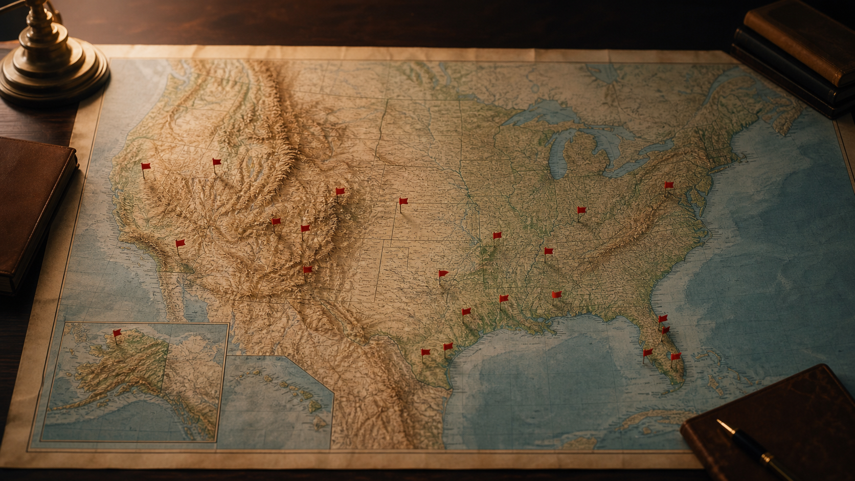 Vintage U.S. topographic map with red pin-flags marking acquisition sites from Alaska to Florida.