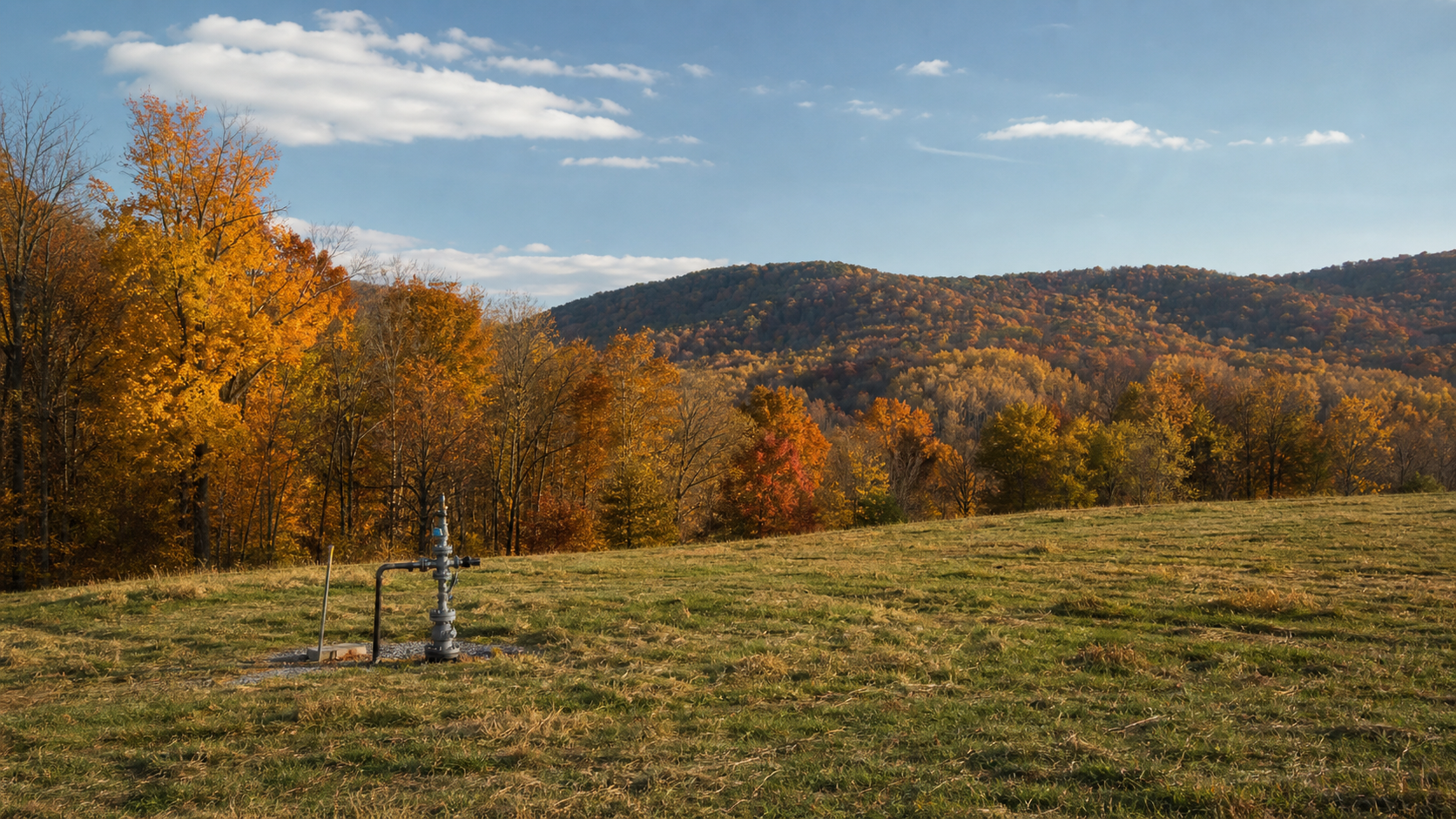 Natural gas wellhead at the edge of a hayfield with autumn hardwoods in peak color, eastern Ohio Appalachian foothills.