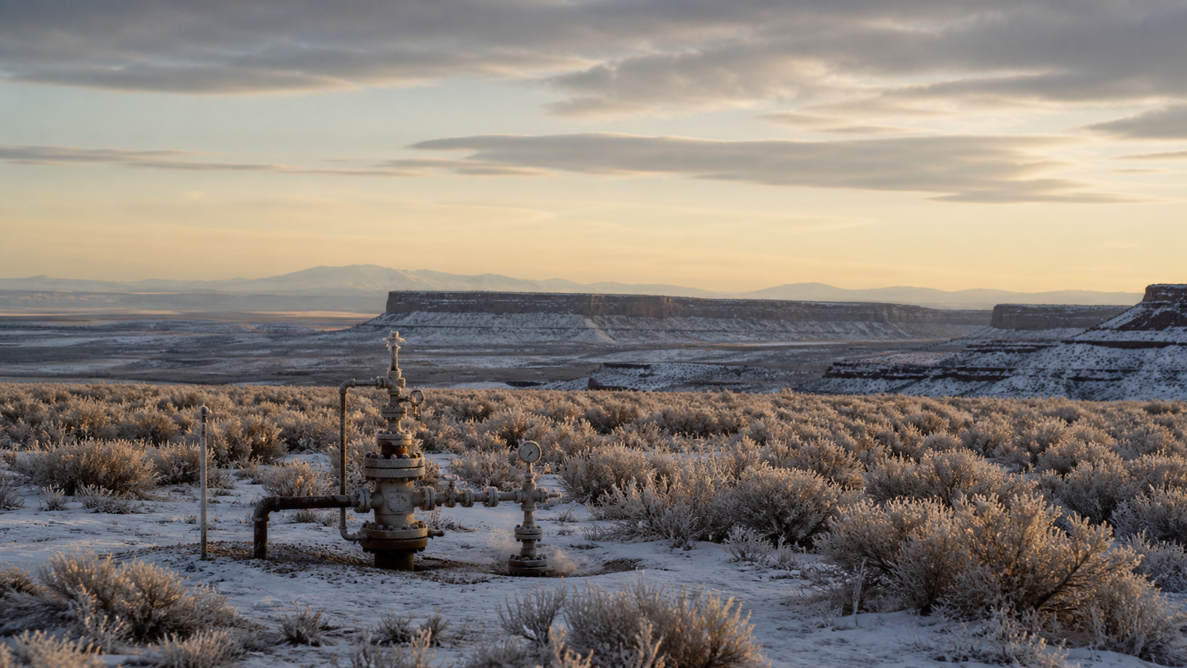 Frosted gas wellhead and snowy sage in Rio Arriba County, San Juan Basin, New Mexico, with mesa country beyond.