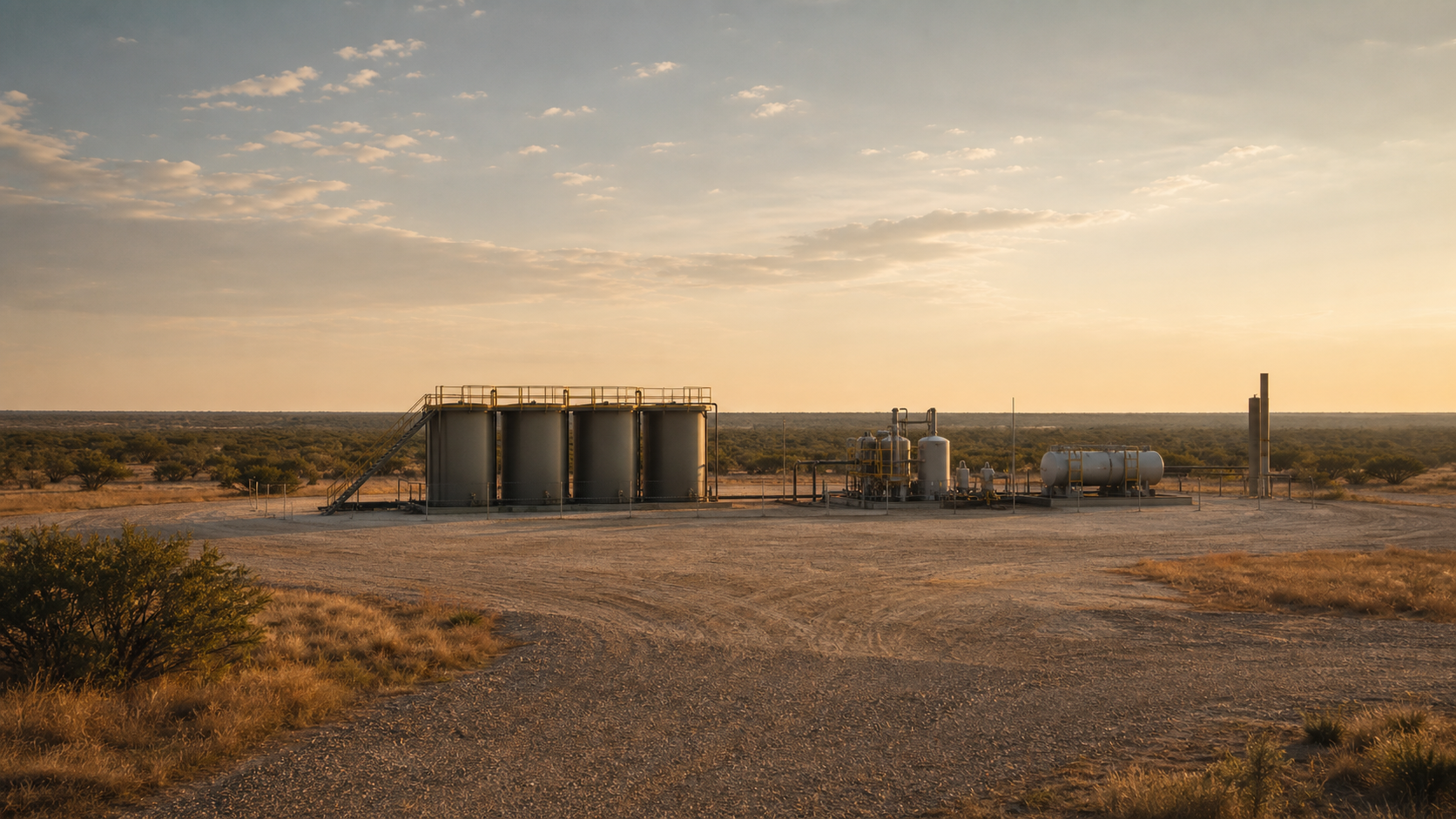 Tank battery and separator skid on a South Texas Eagle Ford production pad, surrounded by mesquite brush country.