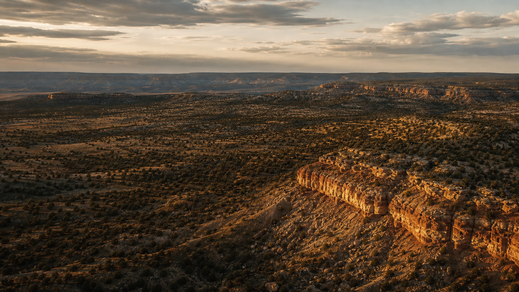 Aerial view of the San Juan Basin's pinon-juniper plateau and red sandstone bluffs, northwestern New Mexico.