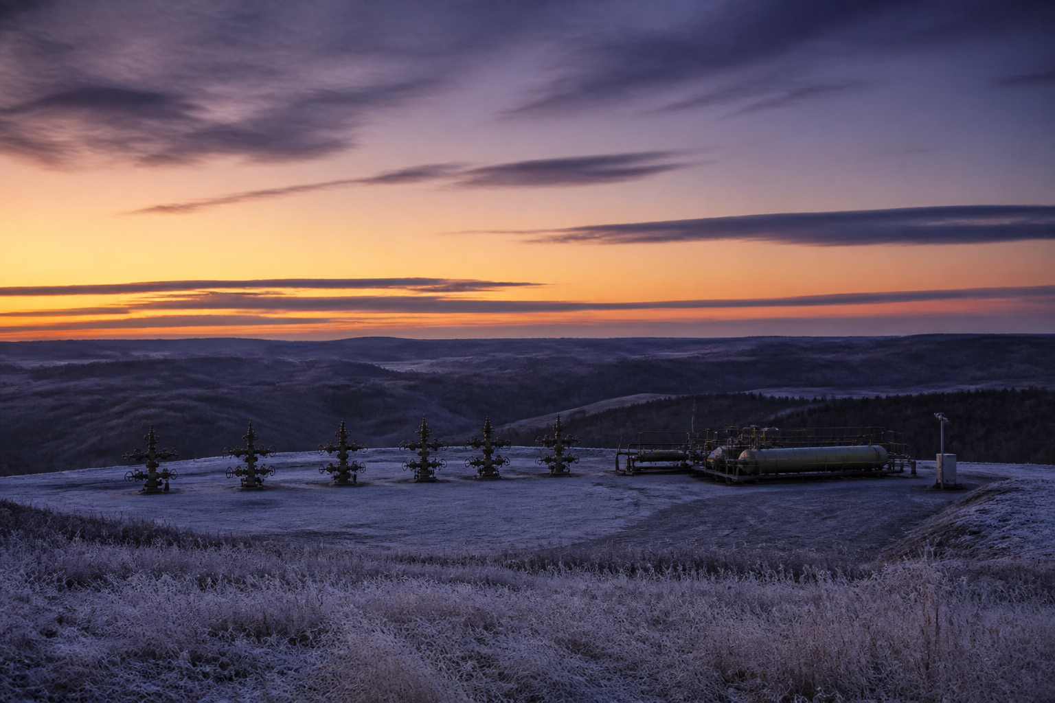 Multi-well horizontal pad with a row of wellhead trees and a separator skid at twilight, frosted prairie foreground giving way to rolling Appalachian ridges under a violet-and-amber dusk sky.