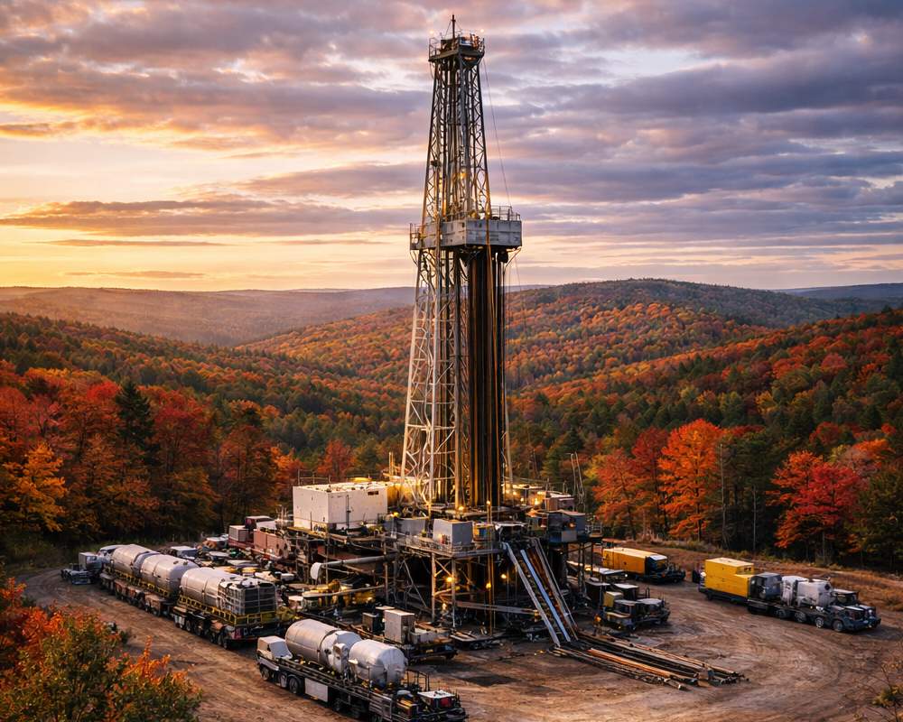 Drilling rig at dusk on a Peregrine-acquired Permian Basin tract.
