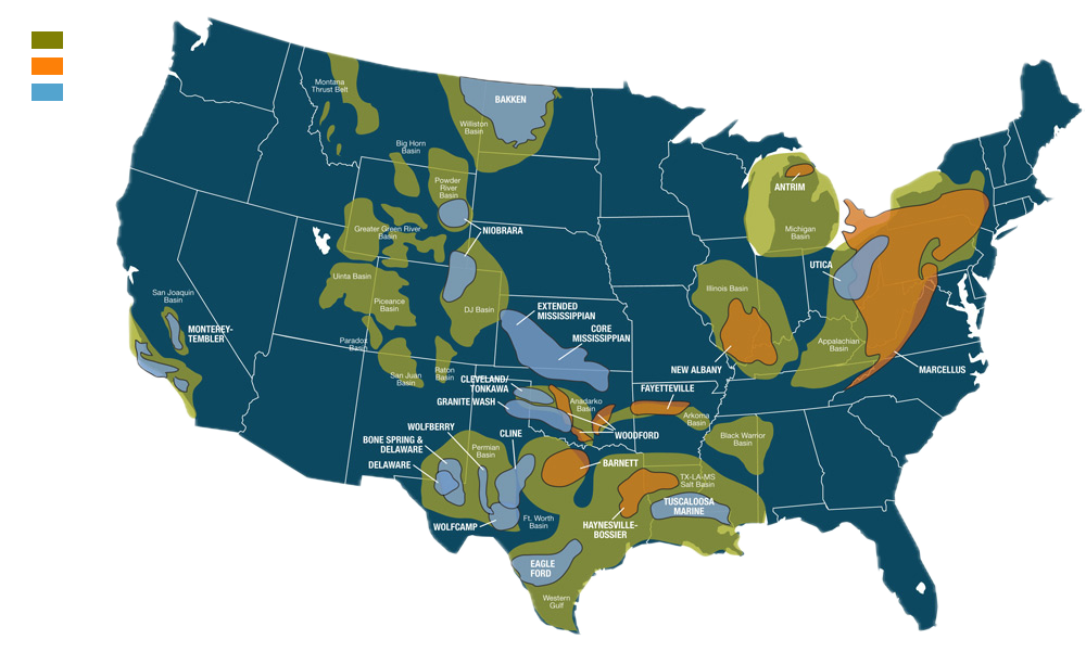 Map of the U.S. oil and gas basins where Peregrine has acquired mineral interests, from the Permian and Bakken to the Marcellus and Utica.